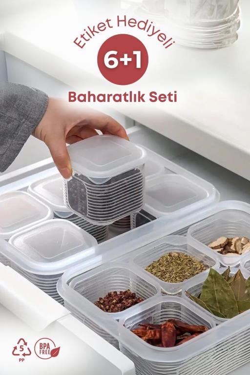 7 Parça Sızdırmaz Hava Almaz Baharatlık Saklama Kabı- Baharat Takımı-Etiket Hediyeli
