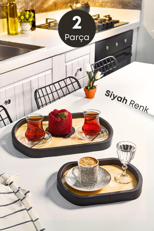 2 Li Ahşap Kayın Oval Dekoratif Sunum Tepsisi- Banyo Tepsisi, Dekoratif Sehpa Tepsisi- Siyah