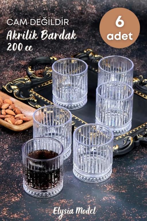 6 Lı Kristal Akrilik Su Meşrubat Bardağı 200 Cc Elysia Model Mika Bardak (CAM DEĞİLDİR)