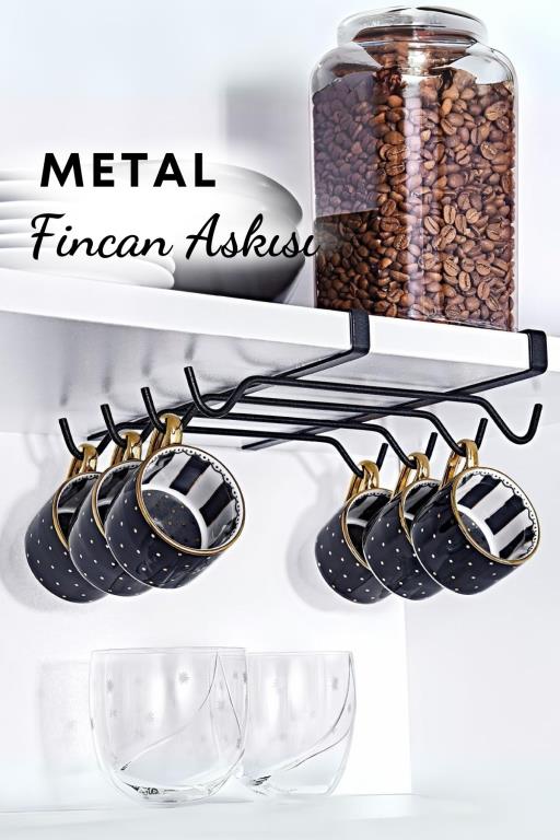 8 Kancalı Paslanmaz Siyah Metal Fincan Askısı