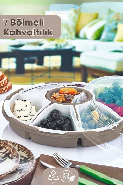 7 Bölmeli Kapaklı Kahvaltılık Saklama Kabı Seti | Kahvaltı Takımı Bej Renk- Piknik Seti