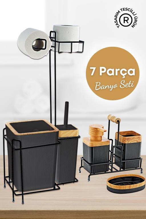 Siyah Ahşap Desenli Yedekli Wc Kağıtlık 6 Parça Banyo Seti- 3 Adet Duş Lifi+ 1 Adet Sünger Hediyeli