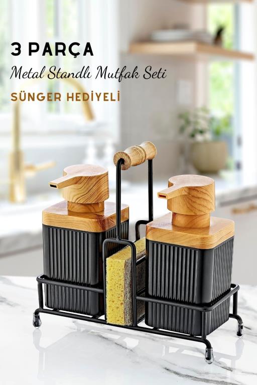 Metal Standlı Ahşap Detaylı Bulaşık Deterjanı ve Sıvı Sabunluk Mutfak Seti-Sünger Hediyeli
