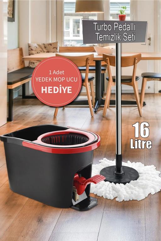 Ultra Güçlü Pedallı Döner Başlıklı Mop Temizlik Seti 16 Litre-1 Adet Yedek Bez Hediyeli