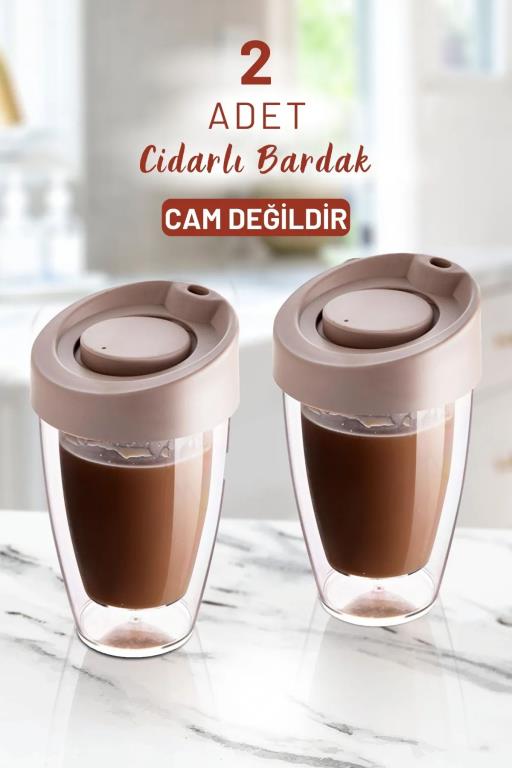 2 Adet Çift Cidarlı Kapaklı El Yakmaz Akrilik Bardak Seti 200 Ml- Cam Değildir