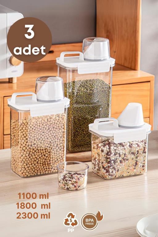 3 Lü Sızdırmaz Depolama Erzak Bakliyat Saklama Kabı- Ölçekli Düzenleyici 1100 ML 1800 ML 2300 ML
