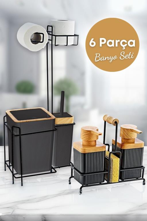 Siyah Ahşap Desenli Yedekli Wc Kağıtlık 6 Parça Banyo Seti- 3 Adet Duş Lifi+ 1 Adet Sünger Hediyeli