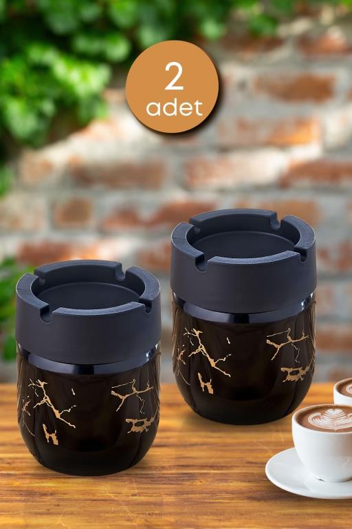 2 Adet Siyah Mermer Desenli Dekoratif Cam Kokusuz Küllük Kül Tablası Seti 425 Cc