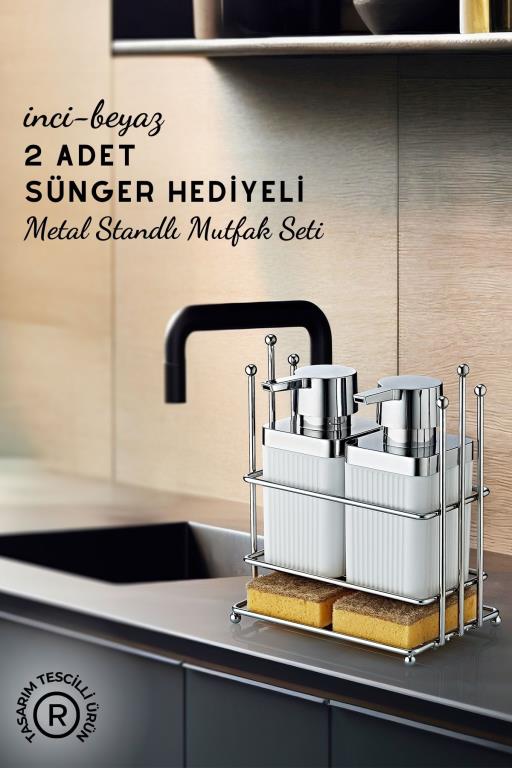 İnci Metal Standlı Beyaz Bulaşık Deterjanı ve Sıvı Sabunluk Mutfak Seti- 2 Adet Sünger