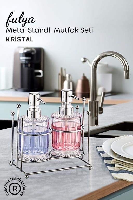 Fulya Gümüş Metal Standlı Kristal 2 Li Bulaşık Deterjanı ve Sıvı Sabunluk Mutfak Seti