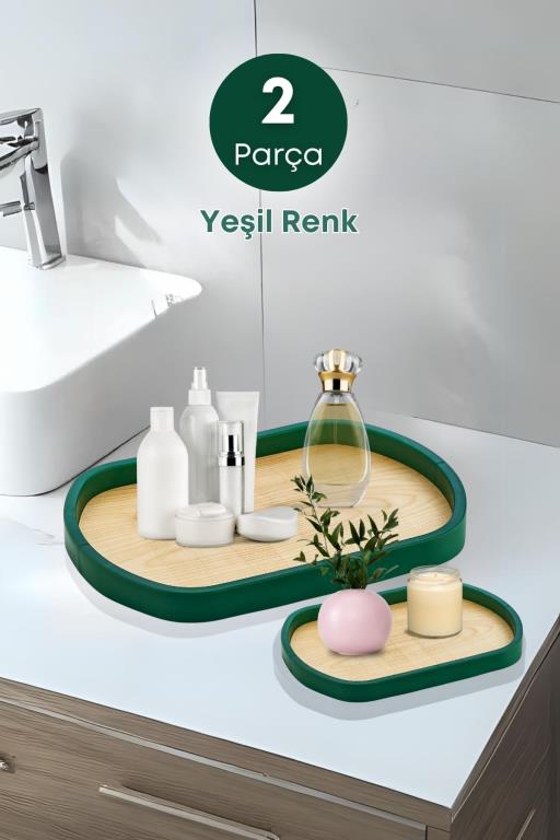 2 Li Ahşap Kayın Oval Dekoratif Sunum Tepsisi- Banyo Tepsisi, Dekoratif Sehpa Tepsisi- Yeşil