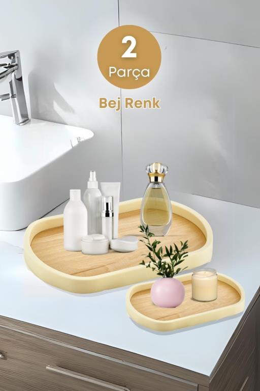 2 Li Ahşap Kayın Oval Dekoratif Sunum Tepsisi- Banyo Tepsisi, Dekoratif Sehpa Tepsisi- Bej